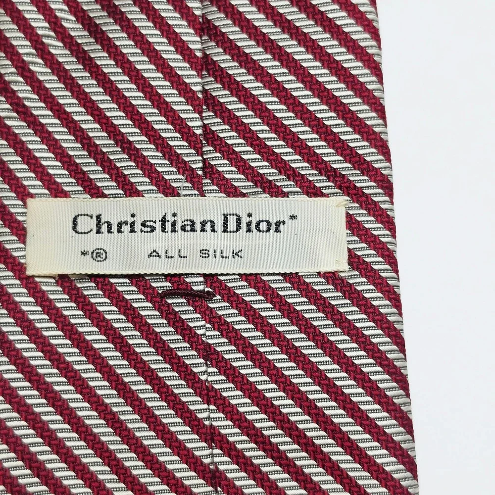 Christian Dior Silk Tie Mens OS Burgundy Silver Vintage Striped Necktie